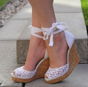 Nine West Lace Up Espadrille Wedge Sandals US 9.5 White